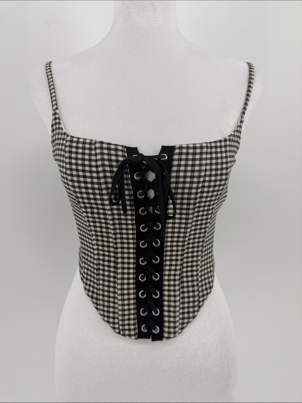 Garage Gingham Lace-Up Corset Cami Top XS Black White Coquette